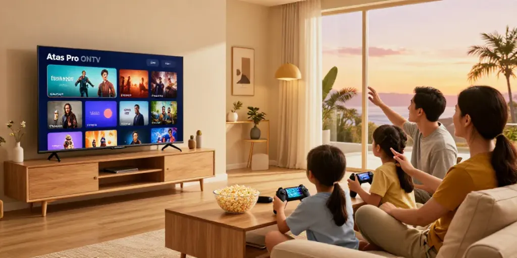 Famille profitant de l'application Atlas Pro ONTV sur un téléviseur intelligent, ambiance chaleureuse.