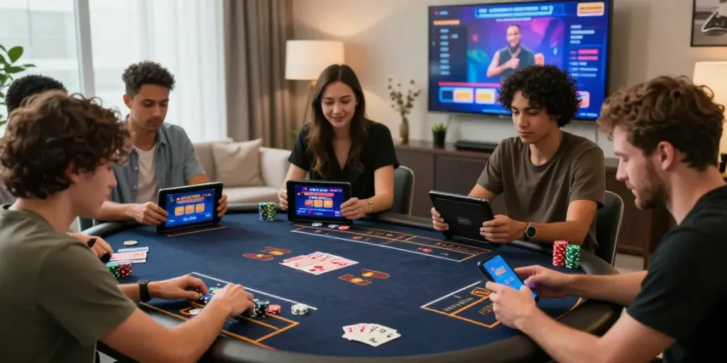 Expérience de jeu moderne sur https://studiobarw.com/ avec des joueurs captivés par des machines à sous et des croupiers en direct.