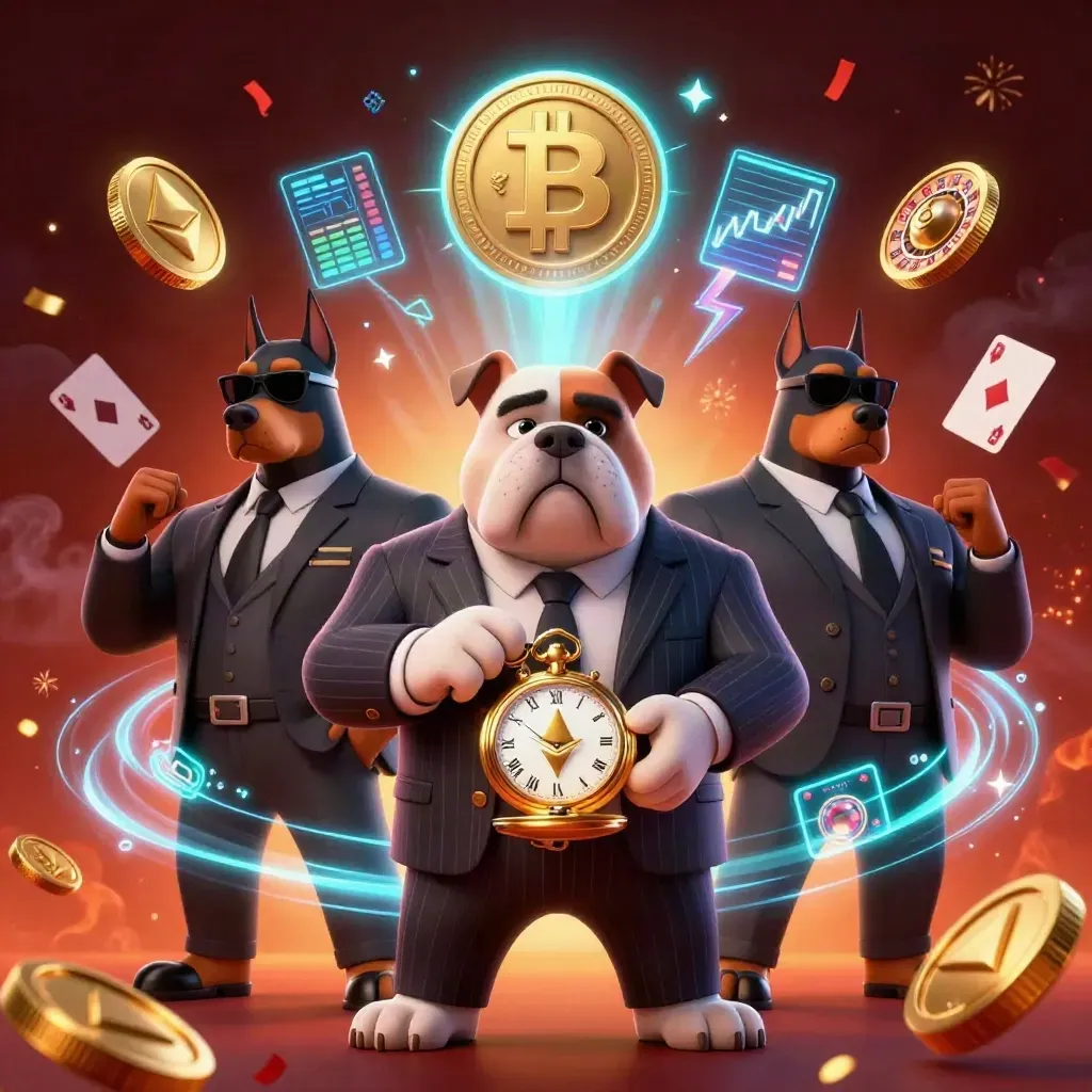 Bulldog mafieux 3D entouré de deux dobermans, pièces crypto et éclairs néon sur fond flamboyant.