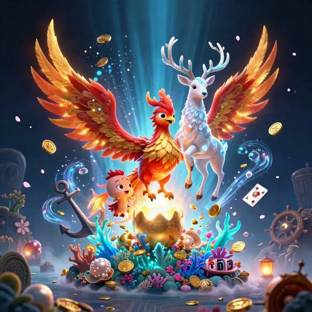 Phoenix flamboyant, faon cristallin et trésor marin dans une scène lumineuse bleu turquoise.