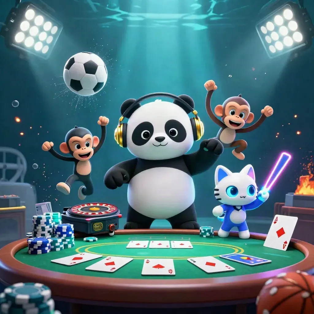 Panda DJ, singe et chat néon autour d’un ballon de foot et de jetons dans une ambiance casino.