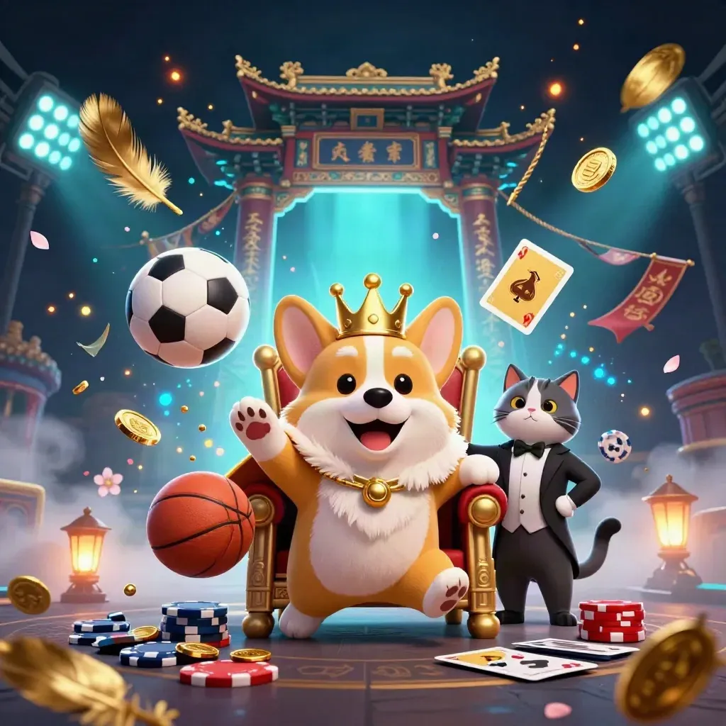 Corgi royal et chat majordome au milieu de ballons, cartes et effets magiques, ambiance casino sportive.