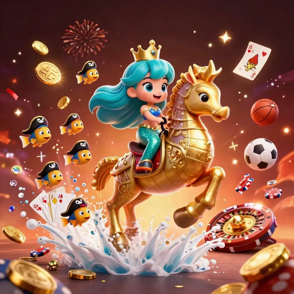 Sirène cartoonesque sur un hippocampe doré, cartes, pièces et jetons explosent dans un décor casino.