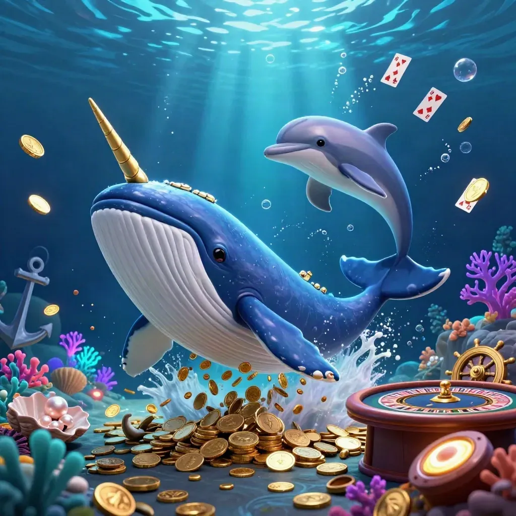 Baleine capitaine, narval et dauphins dans un cove sous-marin, pluie d’or, roue de casino, néons cyan.
