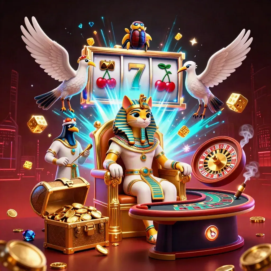 Chat pharaon, ibis et scarabées dans un casino néon, slot géante, trésors et lumière dorée.