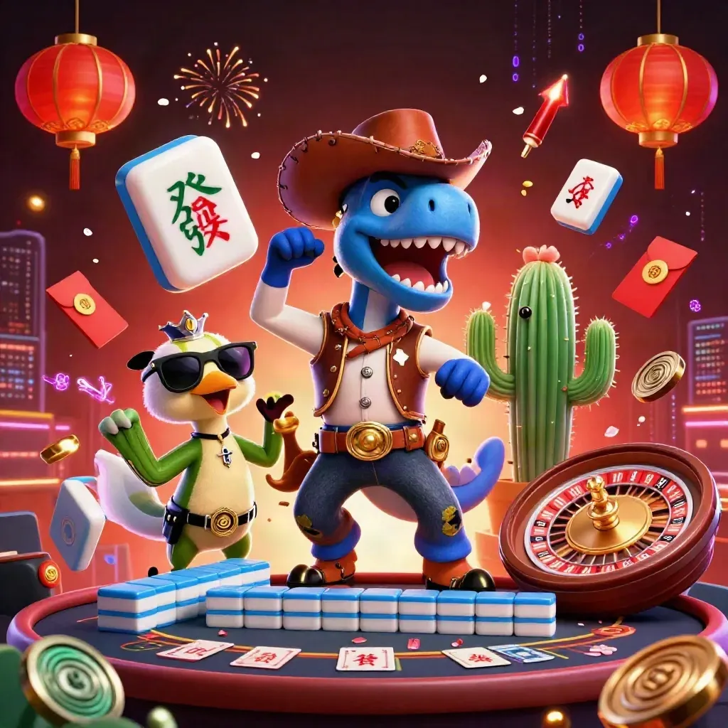 T-Rex cowboy, cactus et oiseau-sherif dans un casino néon avec lanternes et pièces d’or