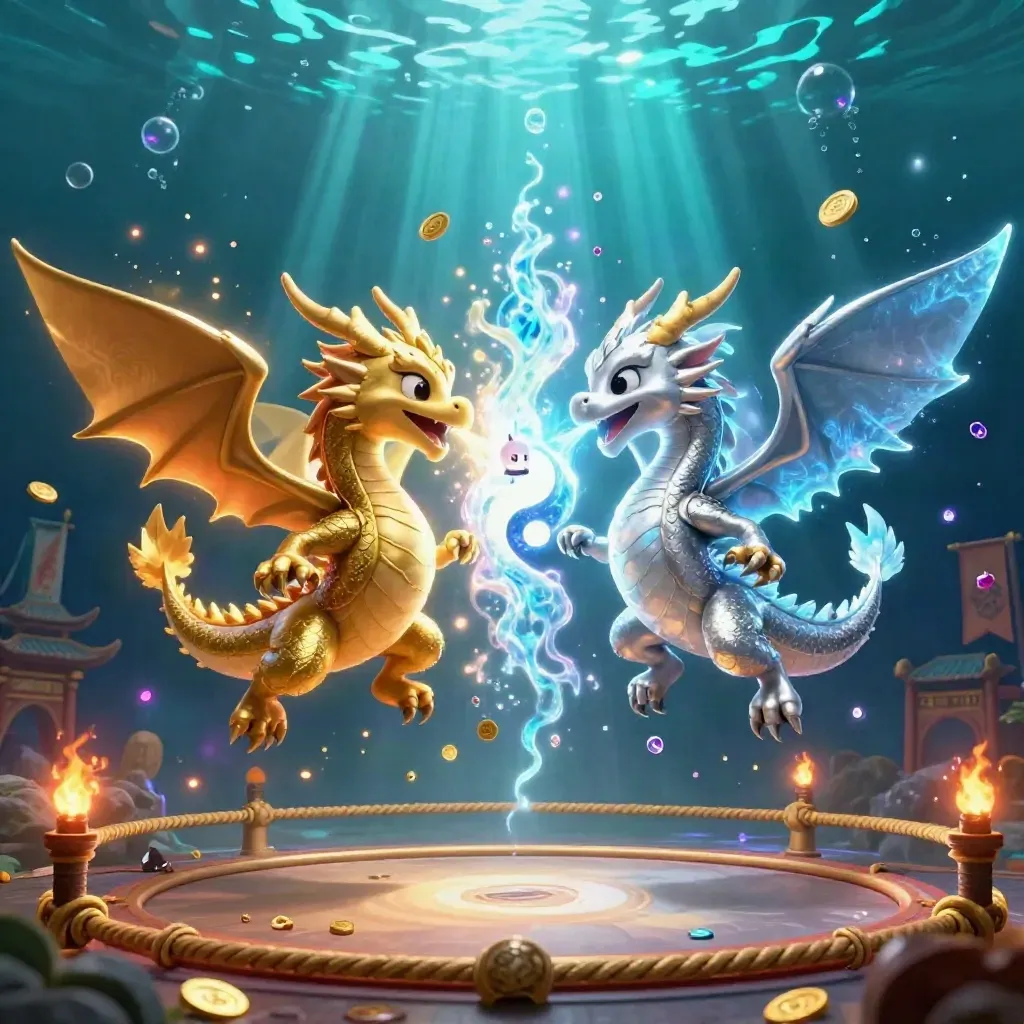 Deux dragons or et argent en vol, souffle yin-yang, temple, lanternes et éclats lumineux.