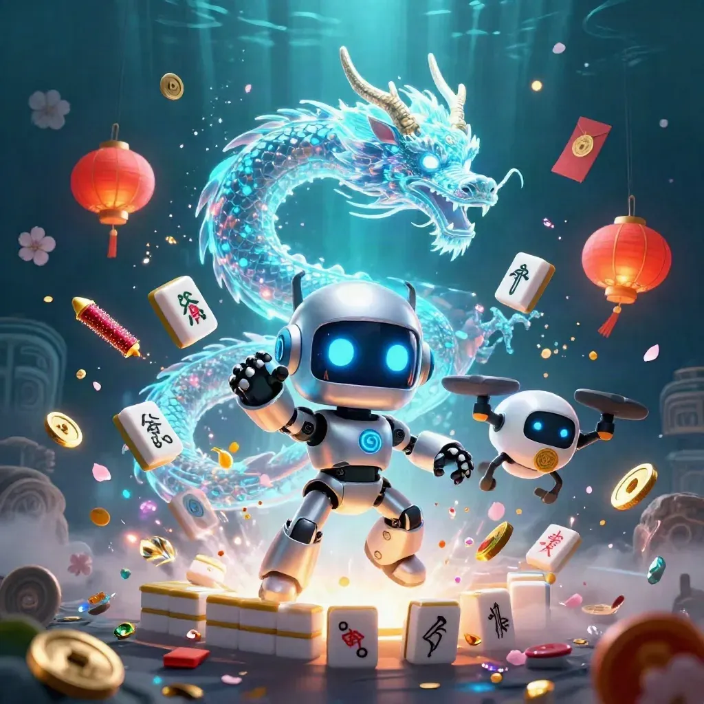 Robot cyberpunk, dragon holographique et drone-coins sous l’eau, trésors et éclats de jade.