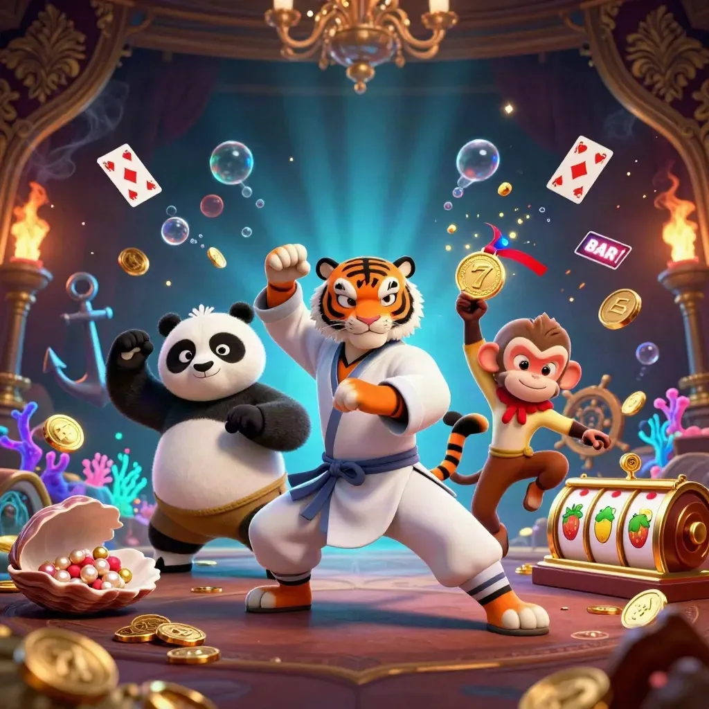 Tigre kung-fu, panda et singe dans une caverne sous-marine aux trésors éclatants.