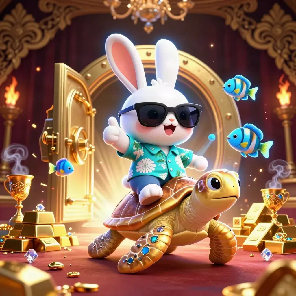 Lapin cartoon sur tortue dorée, coffre ouvert, gemmes et lumière bleu électrique.