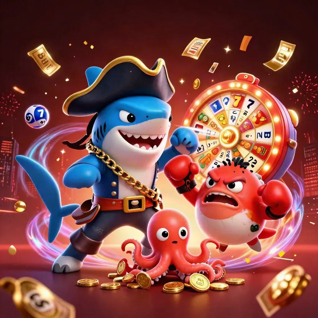 Requin pirate, poisson-boxeur et pieuvre bébé au milieu de jetons et lumière néon.