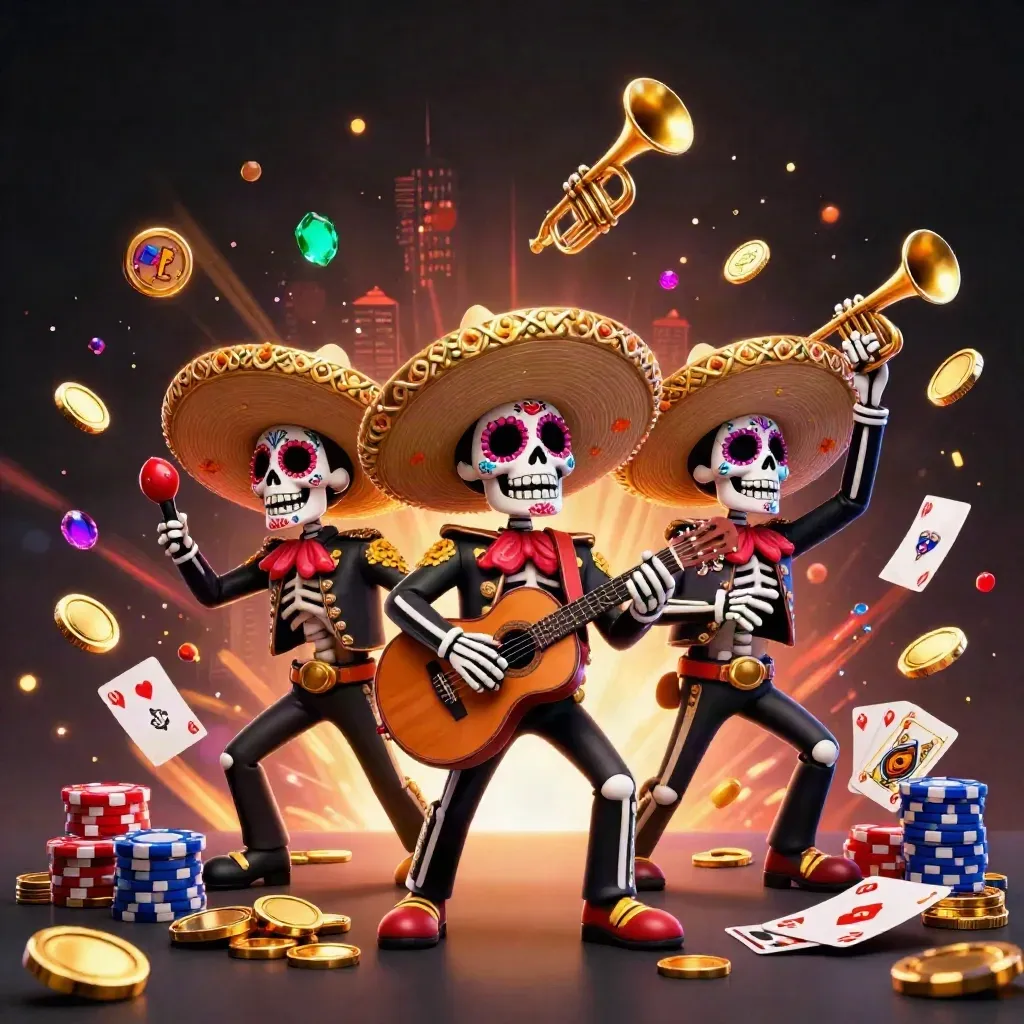Trio de squelettes mariachis, pièces d’or, roulette et cartes explosant dans une ambiance casino festive.