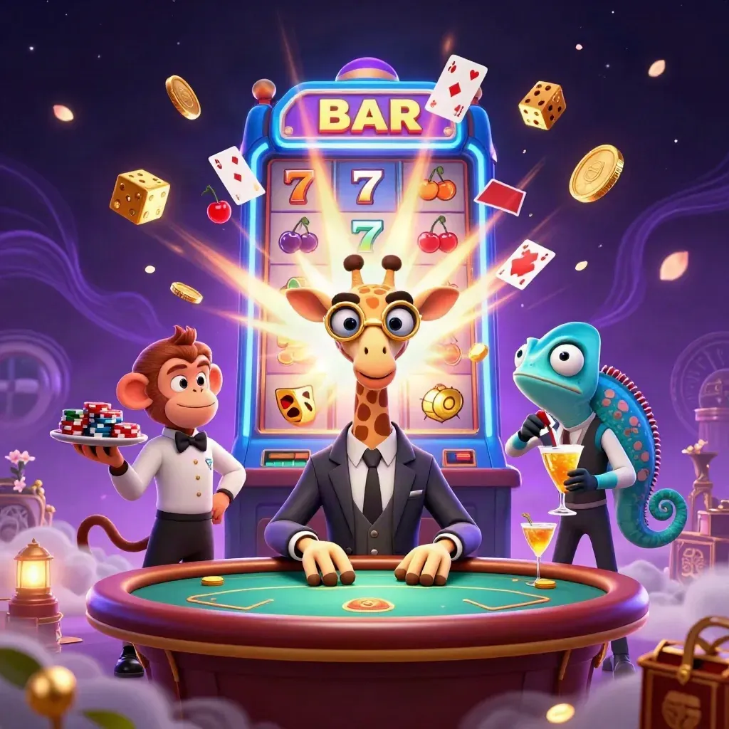 Girafe, singe et caméléon dans un casino fantastique, avec pièces d’or et lumières néon.