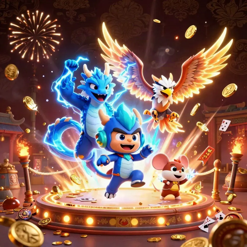 Dragon, faucon et souris électriques au milieu d’or, pièces et cartes en explosion.