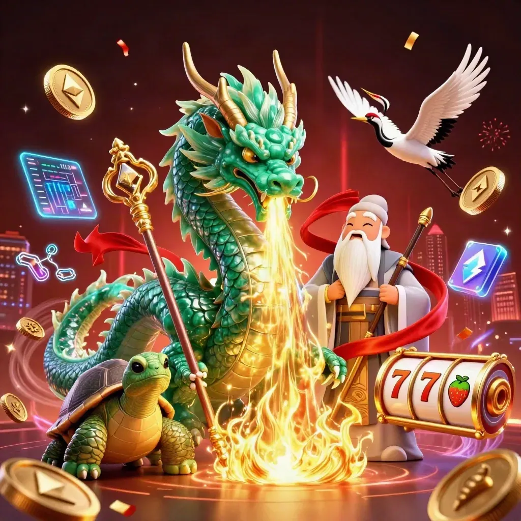 Dragon émeraude, sage tortue et grues, coins crypto et éclairs sur fond rouge sombre.