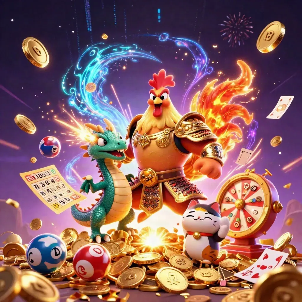 Coq guerrier, dragonnet et chat porte-bonheur au milieu d’une explosion de pièces et de lumière.