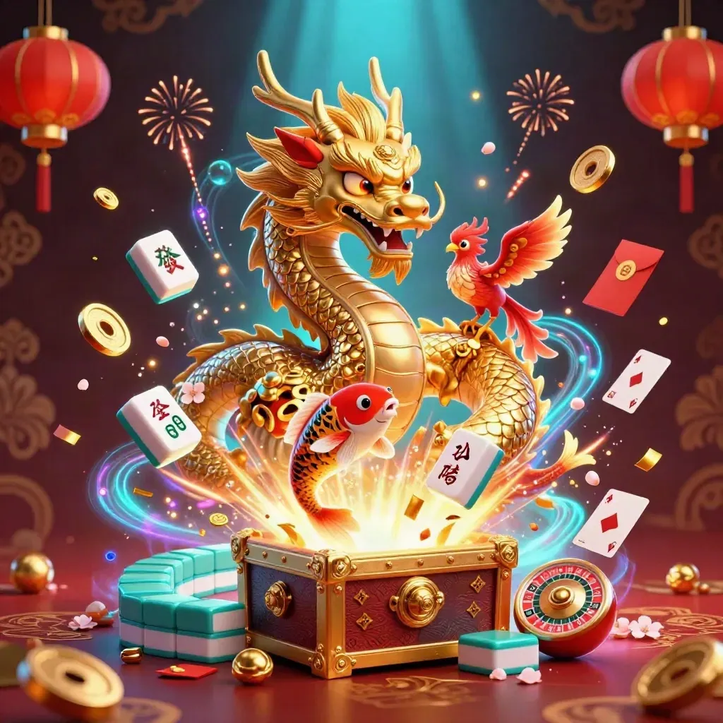 Dragon doré, phénix, carpe koi et pièces d’or éclatant dans un décor casino luxueux.