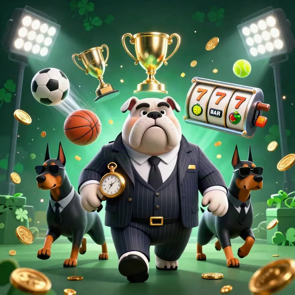 Bouledogue mafieux 3D et deux dobermans, jetons, ballons, trophées et éclats lumineux.