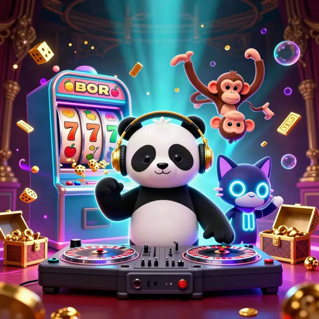 Panda DJ, singe breakdance et chat rave devant une machine à sous éclatante.
