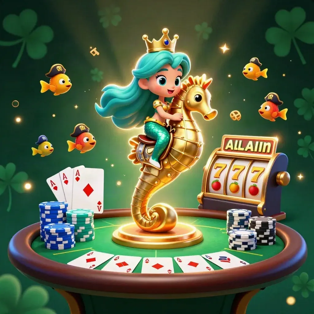 Sirène princesse sur hippocampe doré, poissons pirates et éléments de casino en bleu-turquoise.