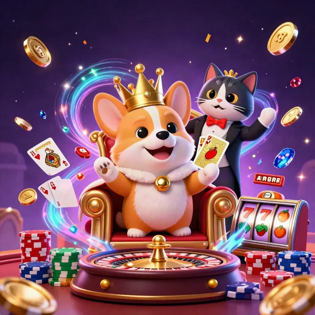 Corgi royal et chat majordome sur jetons, pièces, cartes royales et éclats néon.