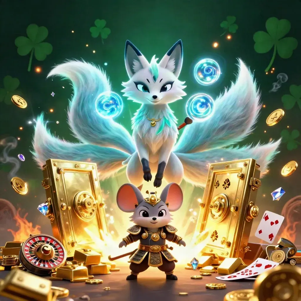 Renard spirituel à neuf queues et souris samouraï, coffre doré et éclats néon.