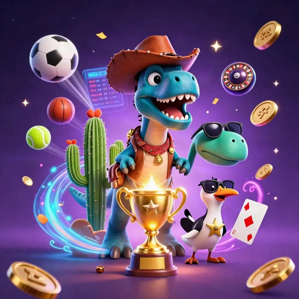 T-Rex cowboy, cactus et oiseau shérif autour d’un trophée doré, lumières néon