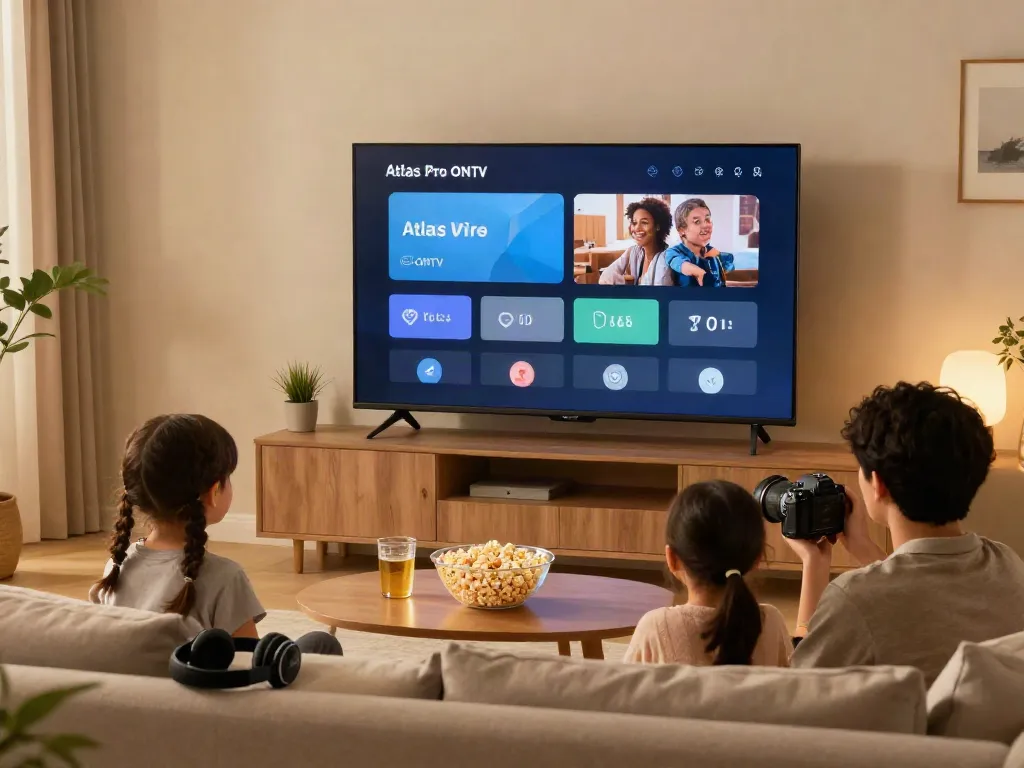 Configuration de divertissement à domicile avec Atlas Pro pour regarder des chaînes TV en direct.