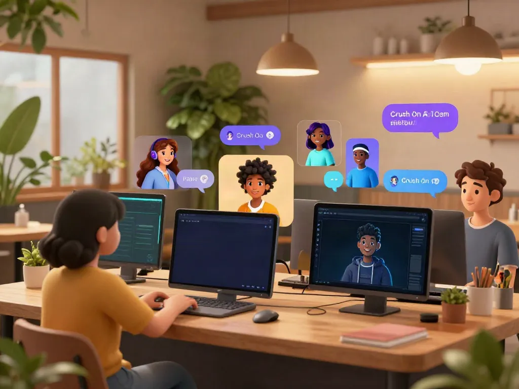 Explore engaging AI conversations with Crush On AI characters in a vibrant virtual café.