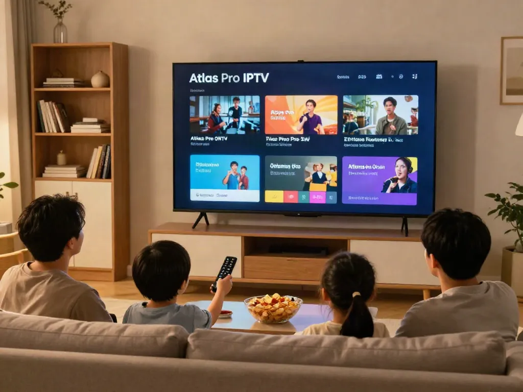 Famille profitant des chaînes HD avec Atlas Pro IPTV dans un salon moderne.