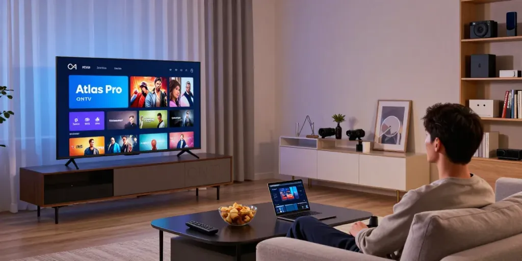 Utilisateur profitant d'Atlas pro ontv sur un téléviseur dans un salon moderne.